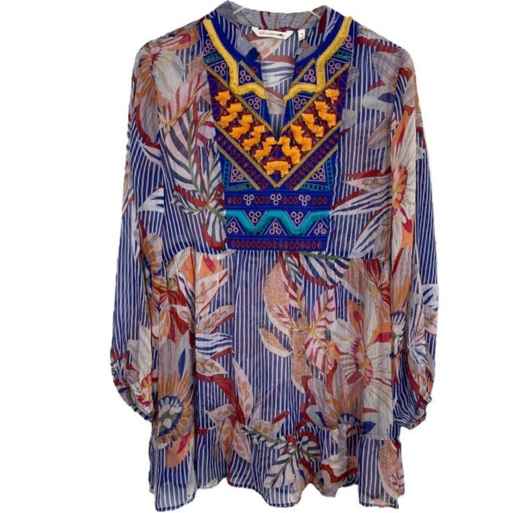 Soft Surroundings Tory Tunic Boho Floral Stripe Print Top Tassel Sheer Sz Large - Picture 3 of 15